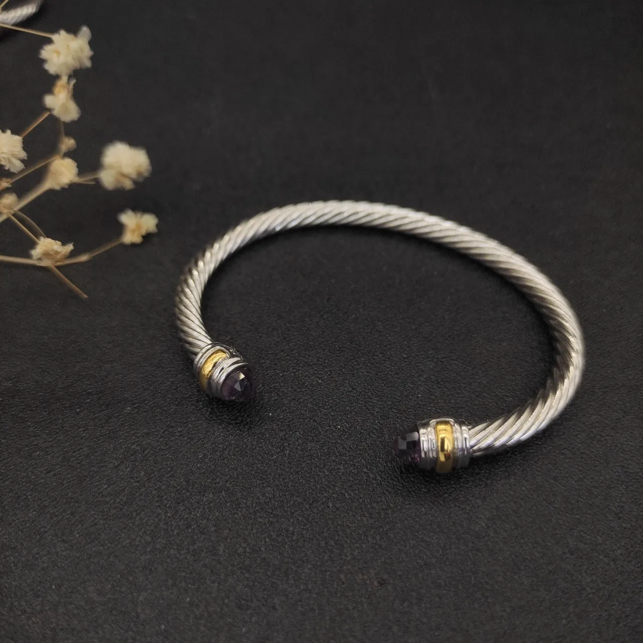 Twisted Cable Two-Tone Faceted Stone End Bracelet 9