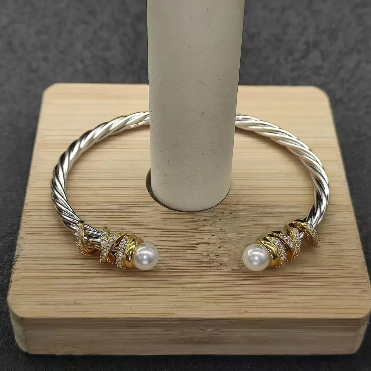 Twisted Cable Two-Tone Pearl-End Bracelet 7