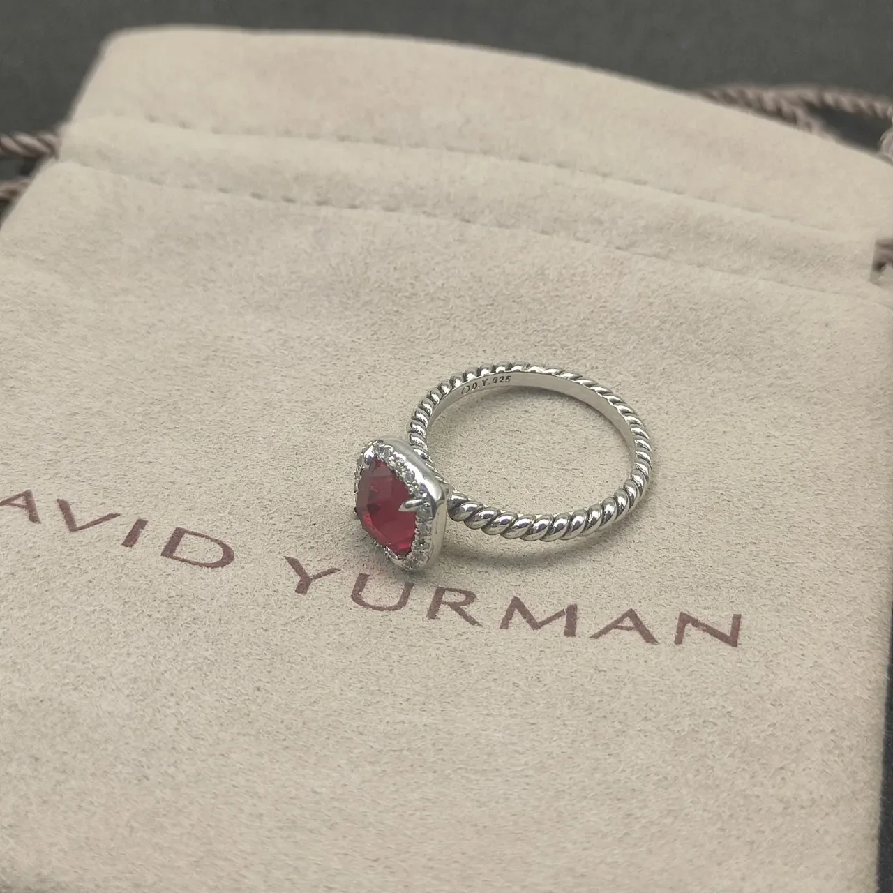 Twisted Rope Band Cushion-Cut Red Gemstone Halo Ring 4