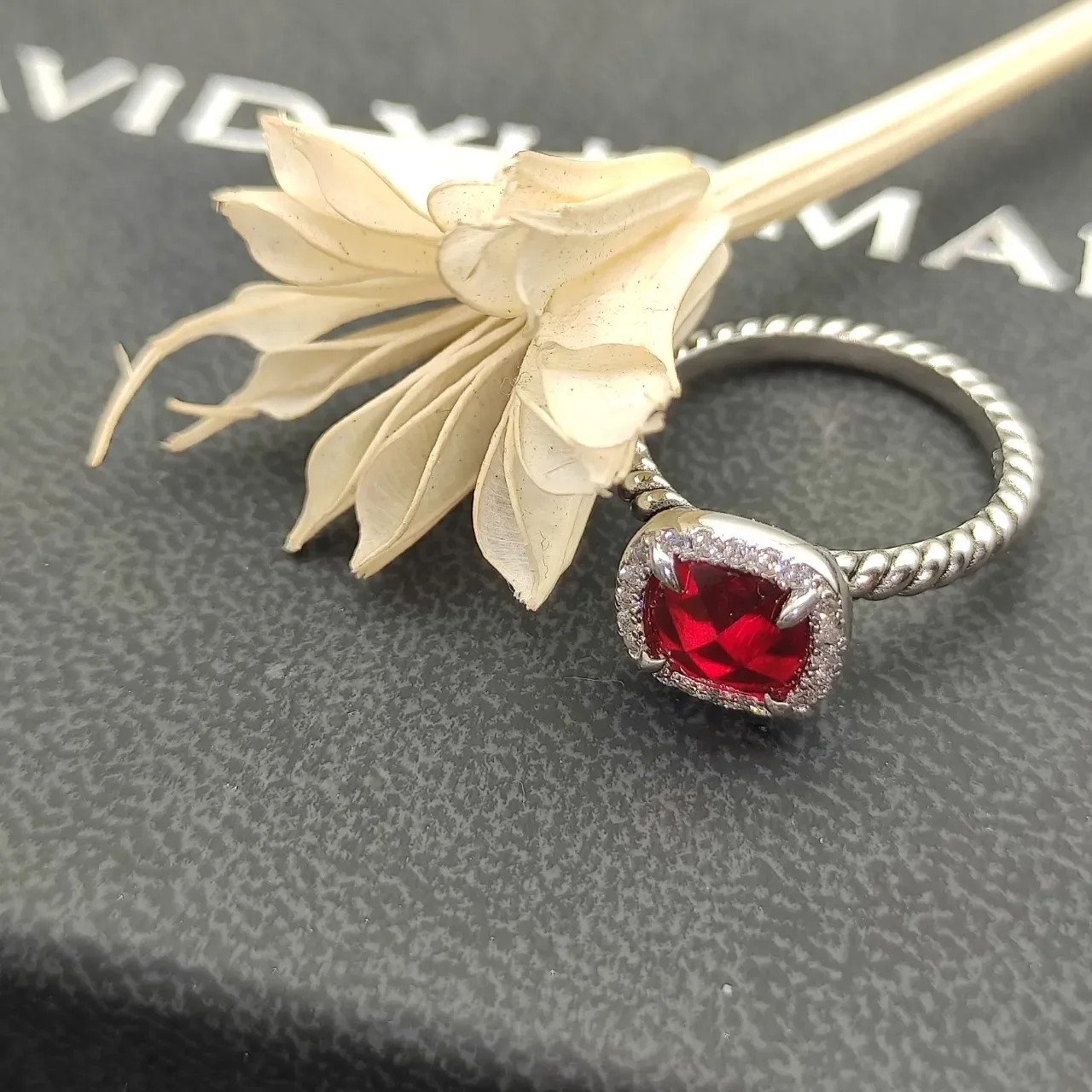 Twisted Rope Band Cushion-Cut Red Gemstone Halo Ring 5
