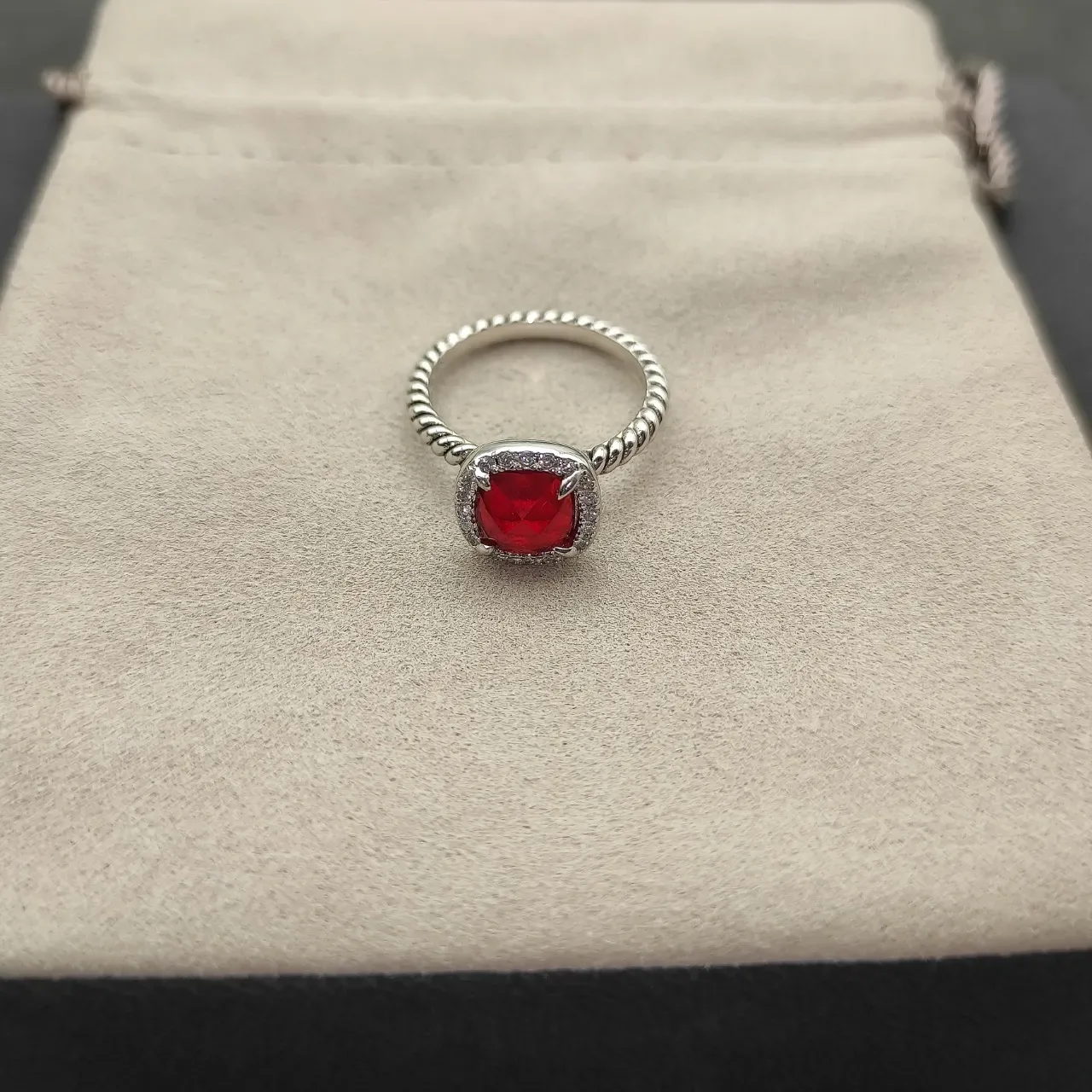 Twisted Rope Band Cushion-Cut Red Gemstone Halo Ring 6