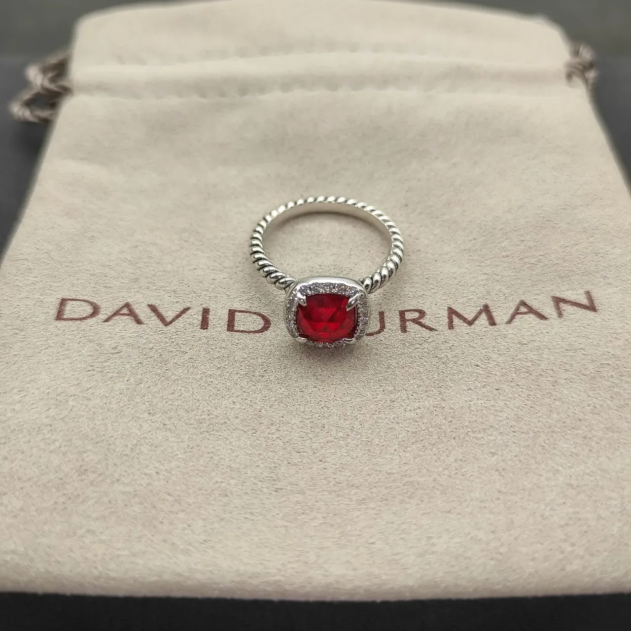 Twisted Rope Band Cushion-Cut Red Gemstone Halo Ring 7