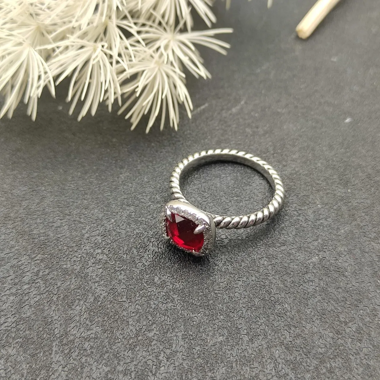 Twisted Rope Band Cushion-Cut Red Gemstone Halo Ring 9