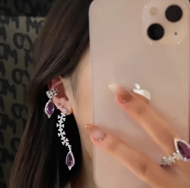 Vine-Inspired Pavé Teardrop Purple Gemstone Earrings 4