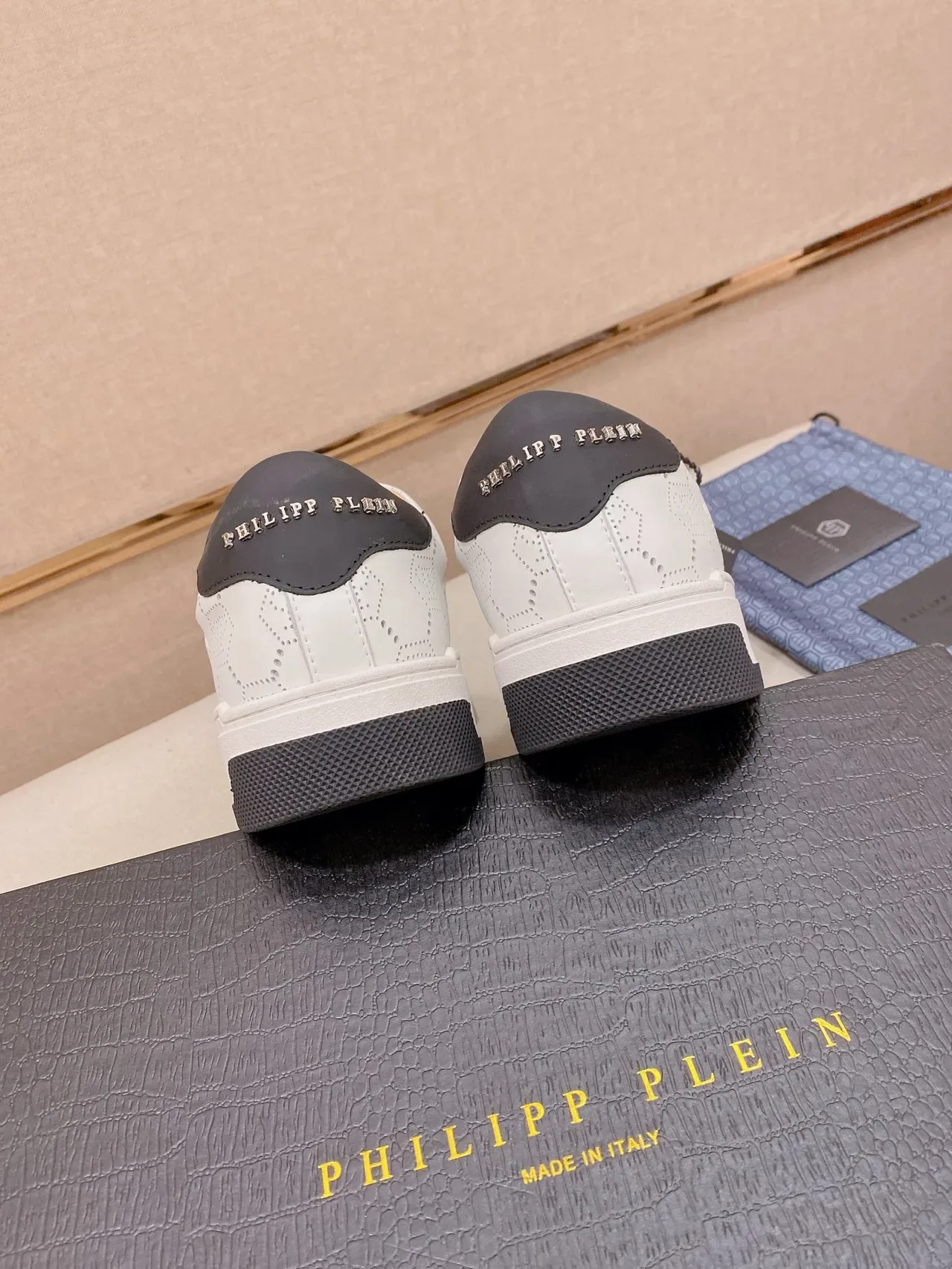 White and Black Perforated Hex Logo Lifestyle Sneaker 3