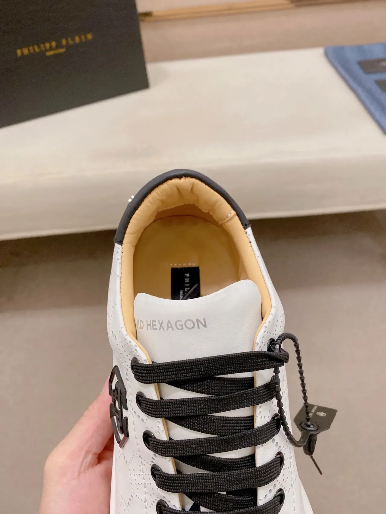 White and Black Perforated Hex Logo Lifestyle Sneaker 4