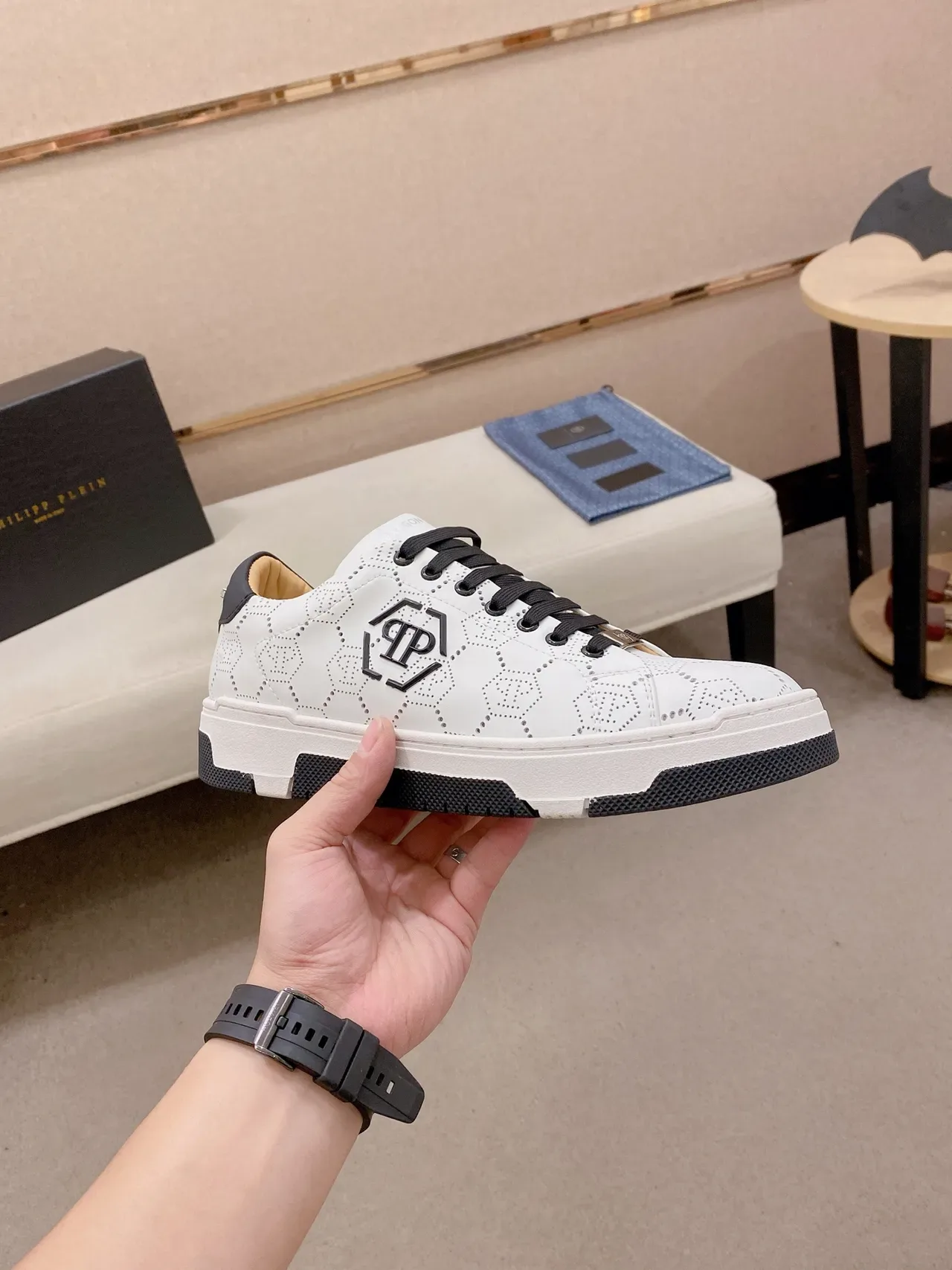 White and Black Perforated Hex Logo Lifestyle Sneaker 5