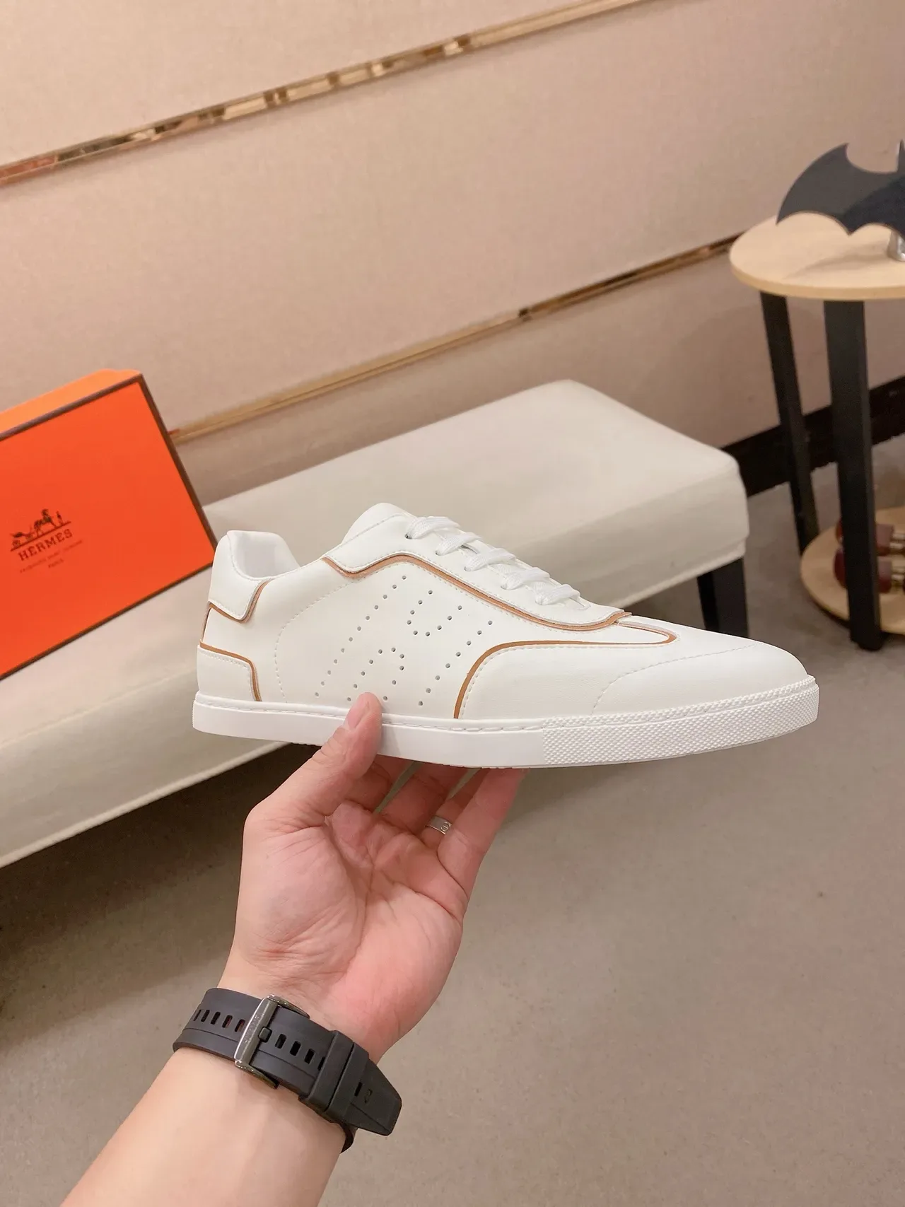 White Beige Leather Perforated Side Panel Sneakers 5