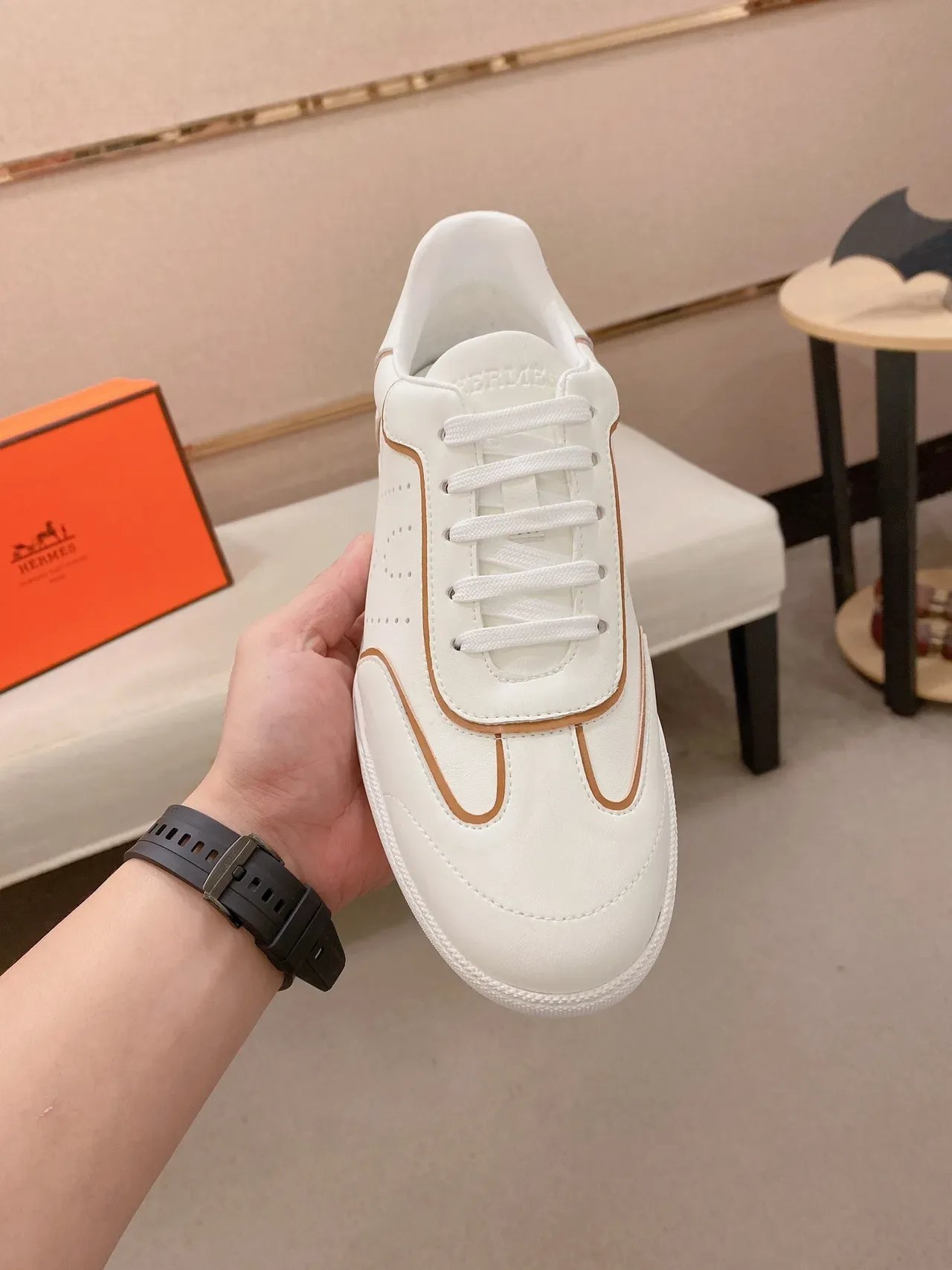 White Beige Leather Perforated Side Panel Sneakers 6