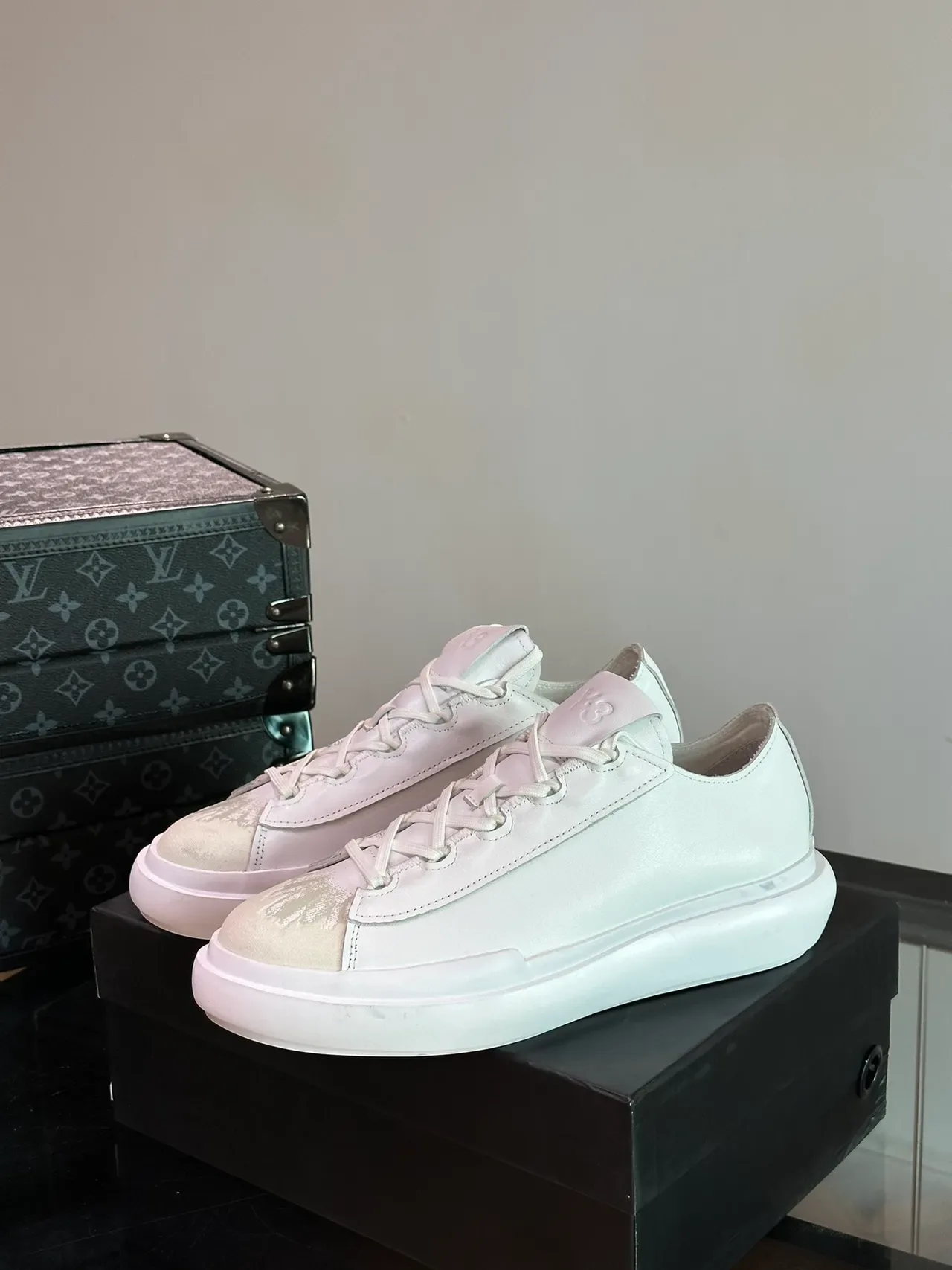 White Beige Leather Upper Platform Sole Sneakers 5