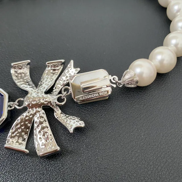 White Blue Pearl Strand Silver Bow Motif Necklace 3