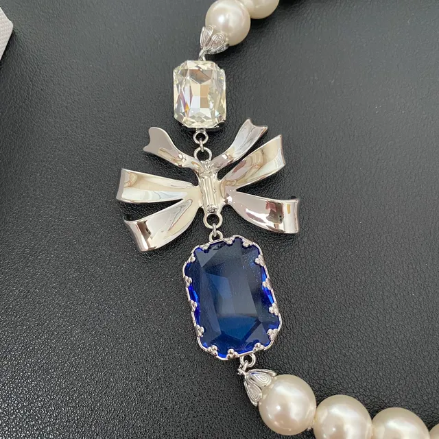 White Blue Pearl Strand Silver Bow Motif Necklace 4