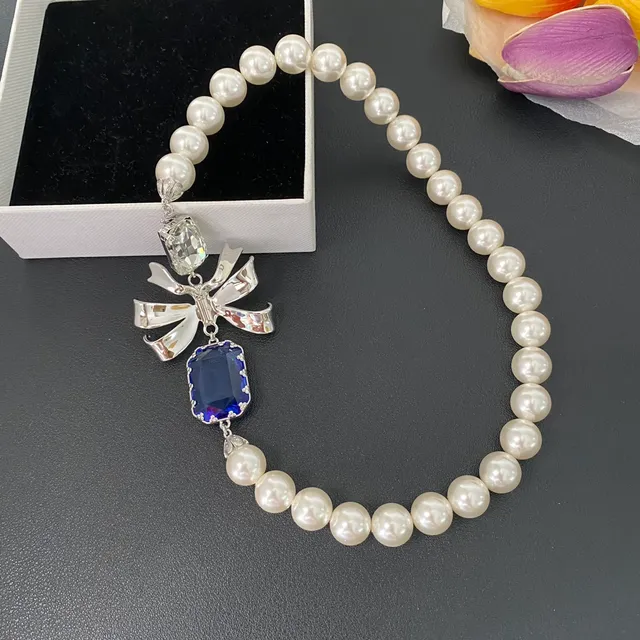 White Blue Pearl Strand Silver Bow Motif Necklace 5