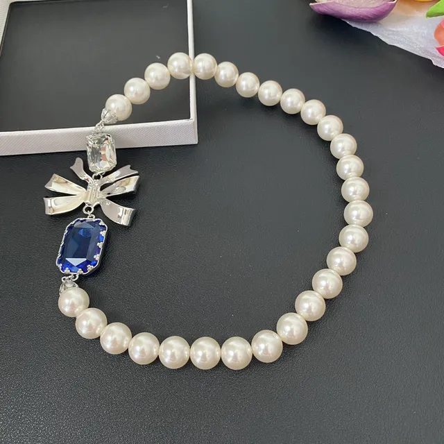 White Blue Pearl Strand Silver Bow Motif Necklace 6