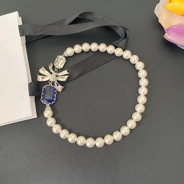 White Blue Pearl Strand Silver Bow Motif Necklace 7