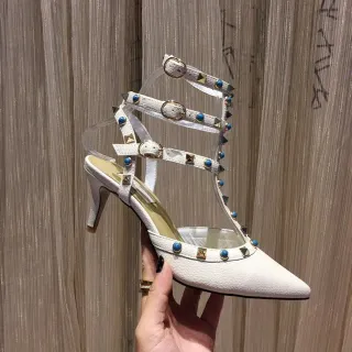 White Blue Pointed-Toe Multi-Strap T-Bar Stiletto