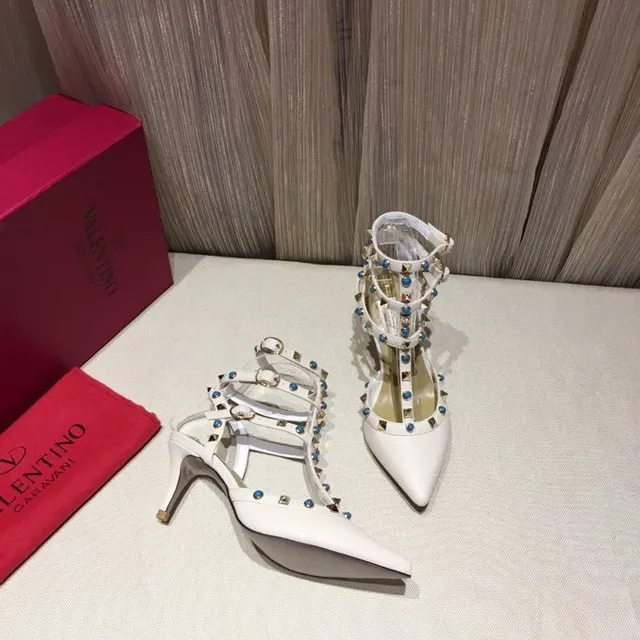 White Blue Pointed-Toe Multi-Strap T-Bar Stiletto 4