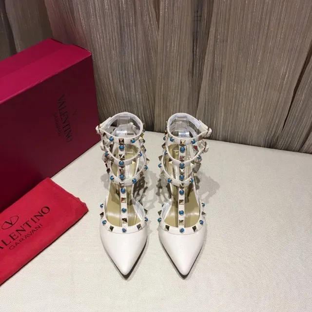White Blue Pointed-Toe Multi-Strap T-Bar Stiletto 6