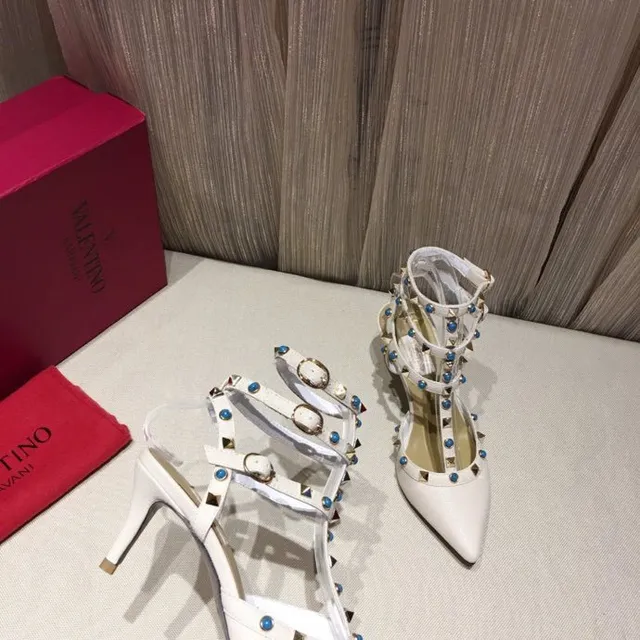 White Blue Pointed-Toe Multi-Strap T-Bar Stiletto 7