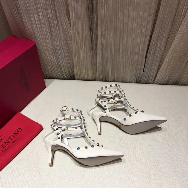 White Blue Pointed-Toe Multi-Strap T-Bar Stiletto 8