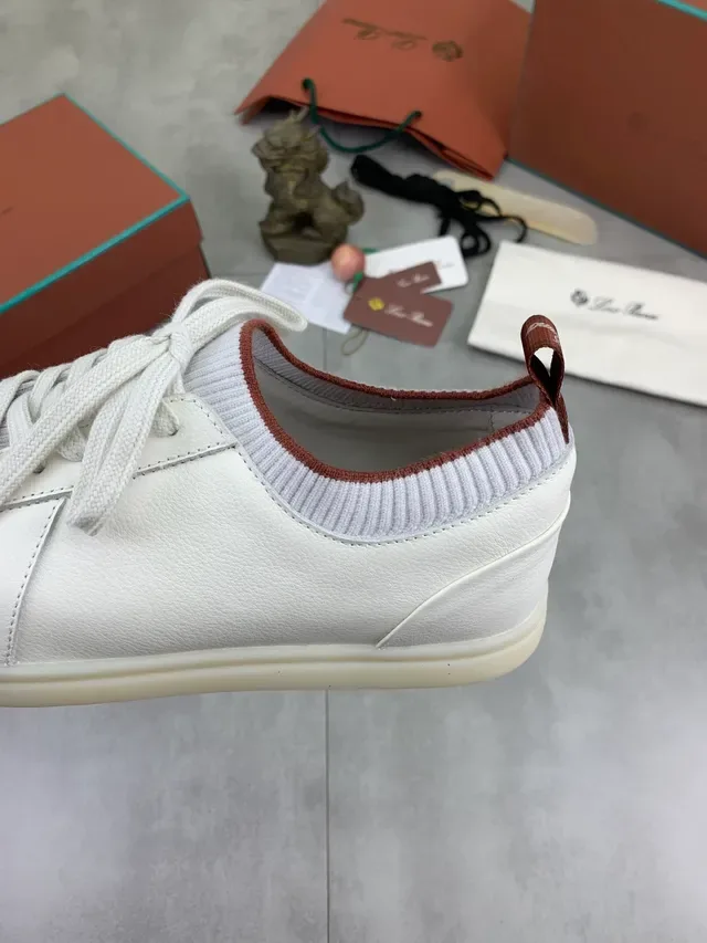 White Brown Leather Upper Ribbed Knit Collar Sneakers 4