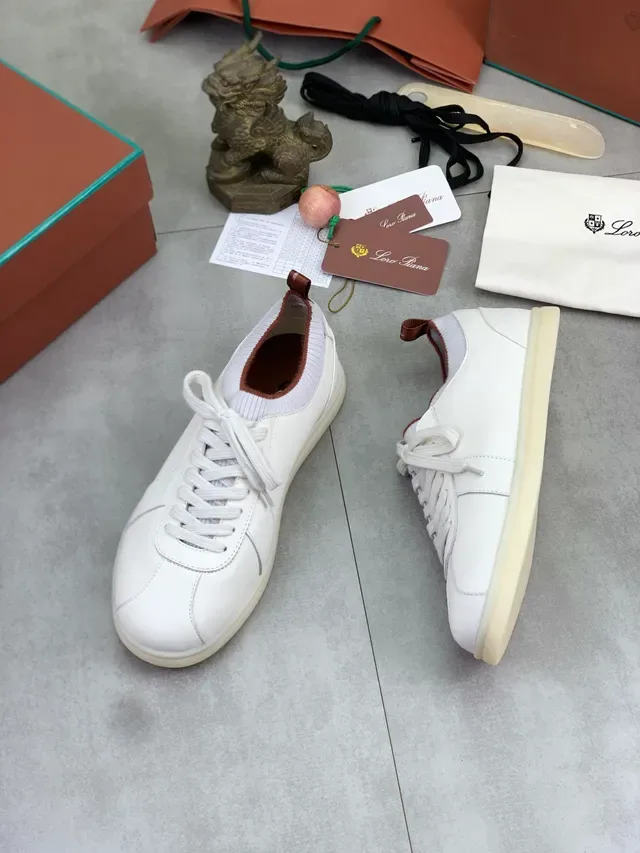 White Brown Leather Upper Ribbed Knit Collar Sneakers 5