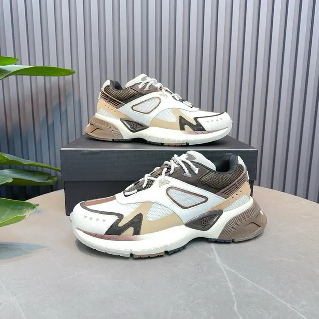 White Brown Multi-Panel Construction Sculpted Wavy Midsole Chunky Sneakers 4