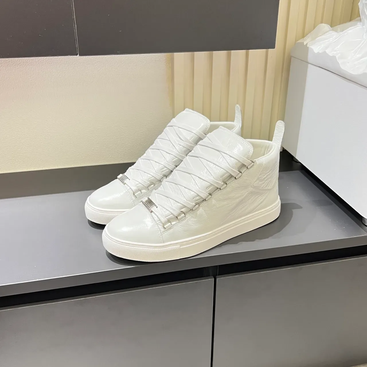 White Crinkled Leather High-Top Sneakers 4
