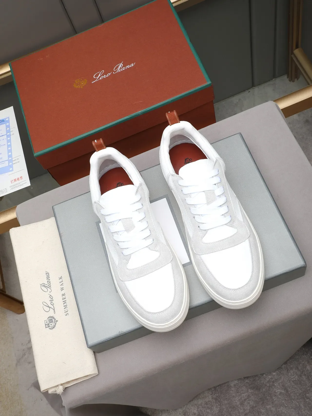 White Gray Two-Tone And Light Upper Pebbled Leather Suede Panels Sneakers 3