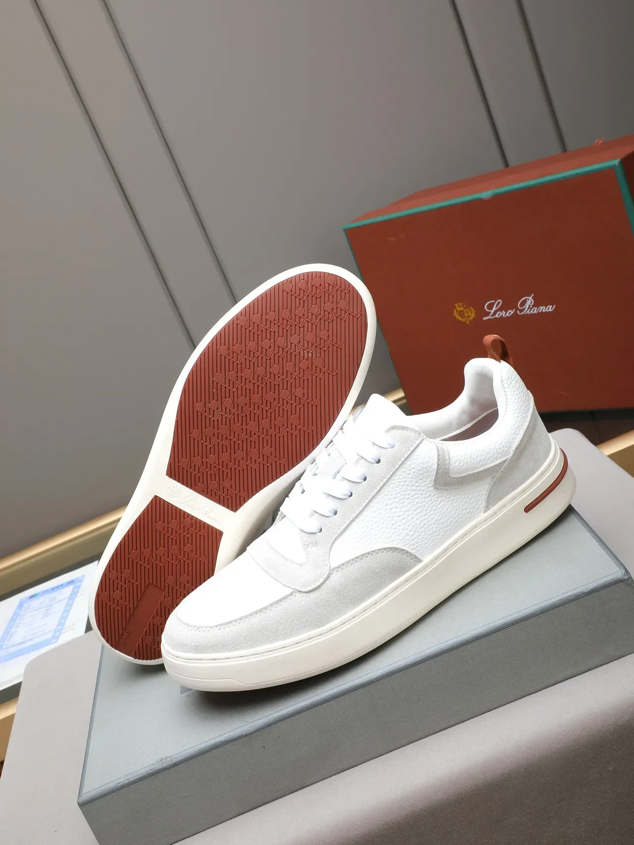 White Gray Two-Tone And Light Upper Pebbled Leather Suede Panels Sneakers 4