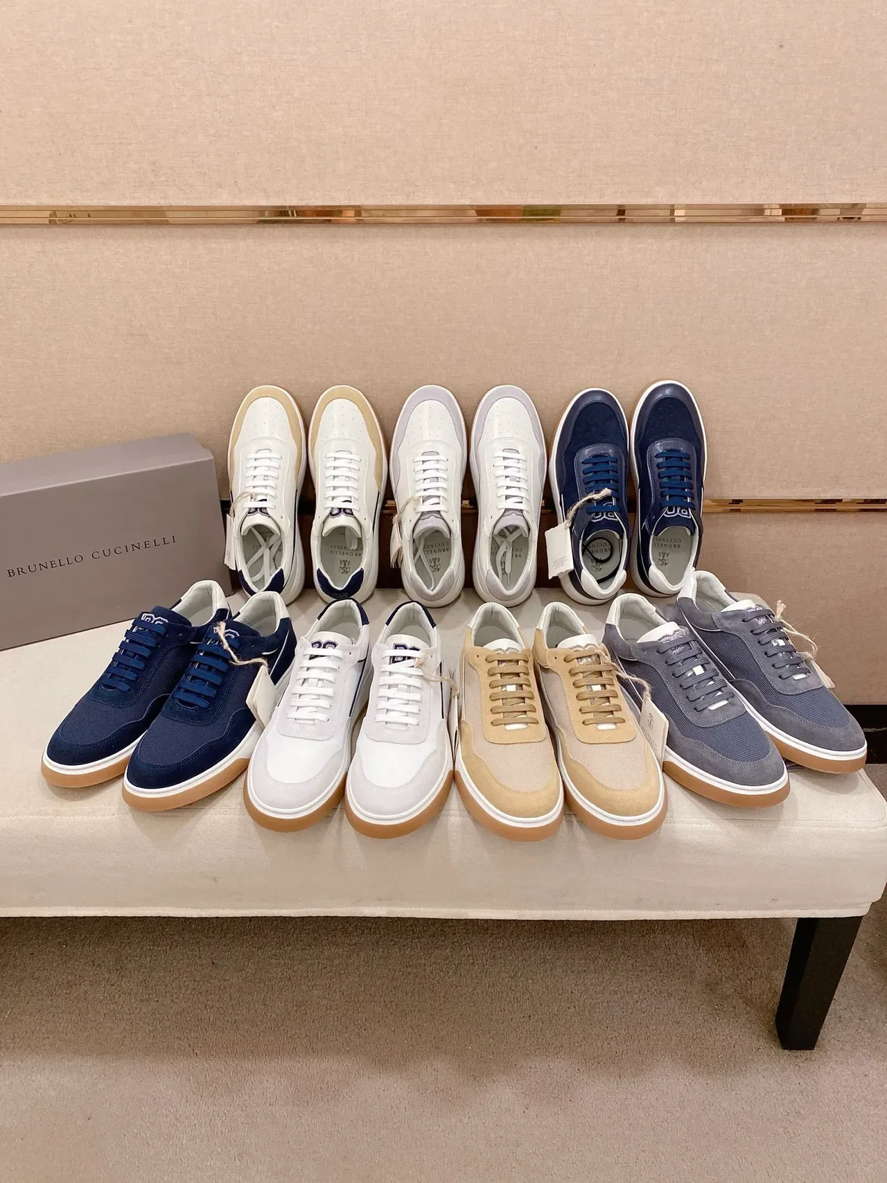 White Navy Low-Top Leather-Suede Panelled Sneakers 3