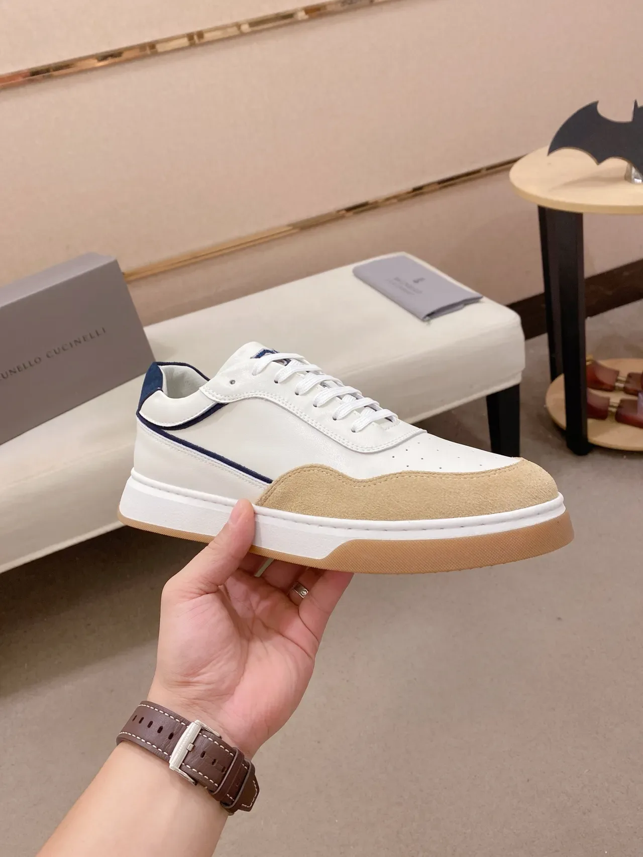 White Navy Low-Top Leather-Suede Panelled Sneakers 5