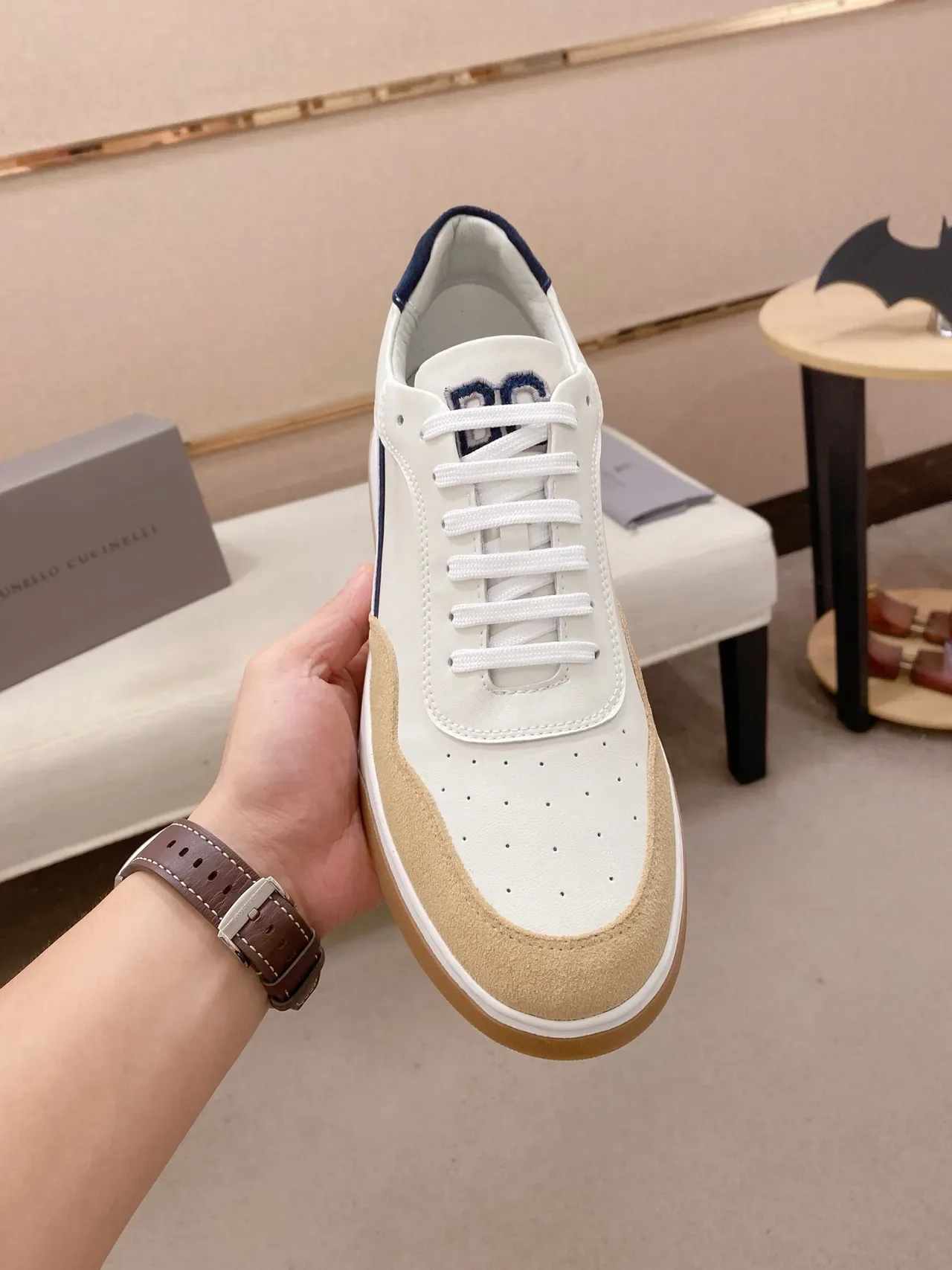White Navy Low-Top Leather-Suede Panelled Sneakers 6