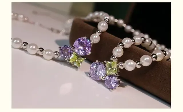White Purple Pearl Strand Faceted Gemstone Pendant Necklace 4