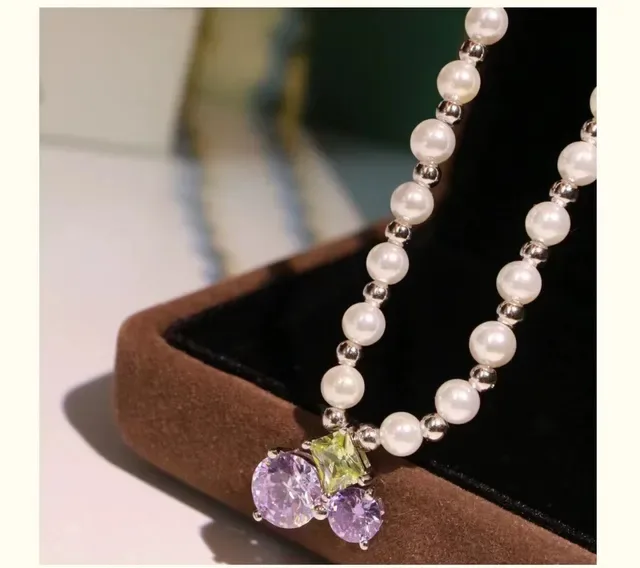 White Purple Pearl Strand Faceted Gemstone Pendant Necklace 5