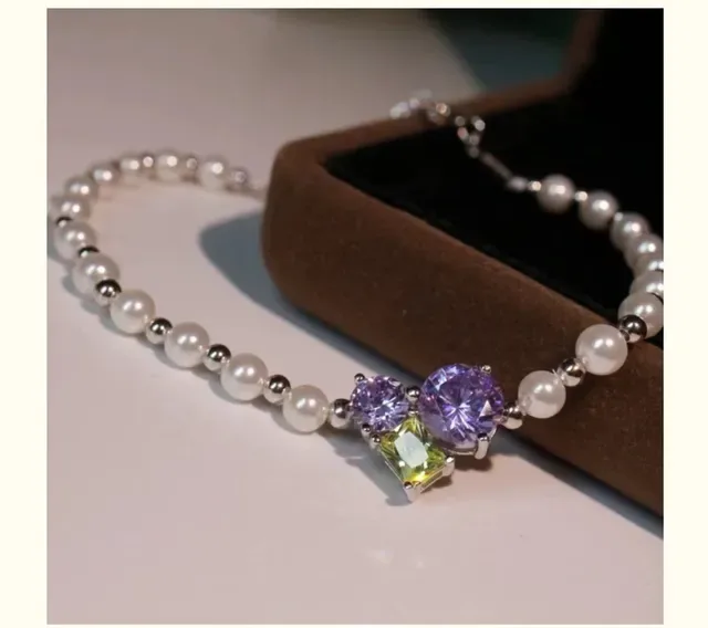 White Purple Pearl Strand Faceted Gemstone Pendant Necklace 6