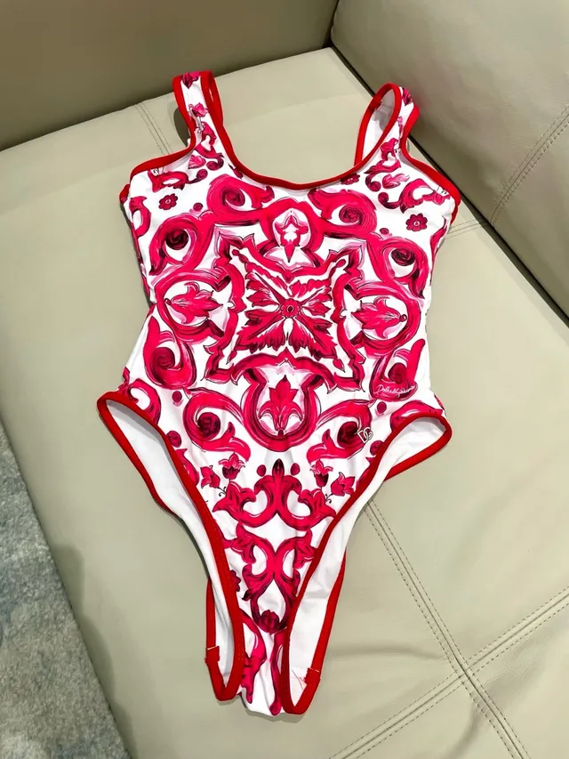 White Red Ornamental Print High-Cut Leg Swimwear 3