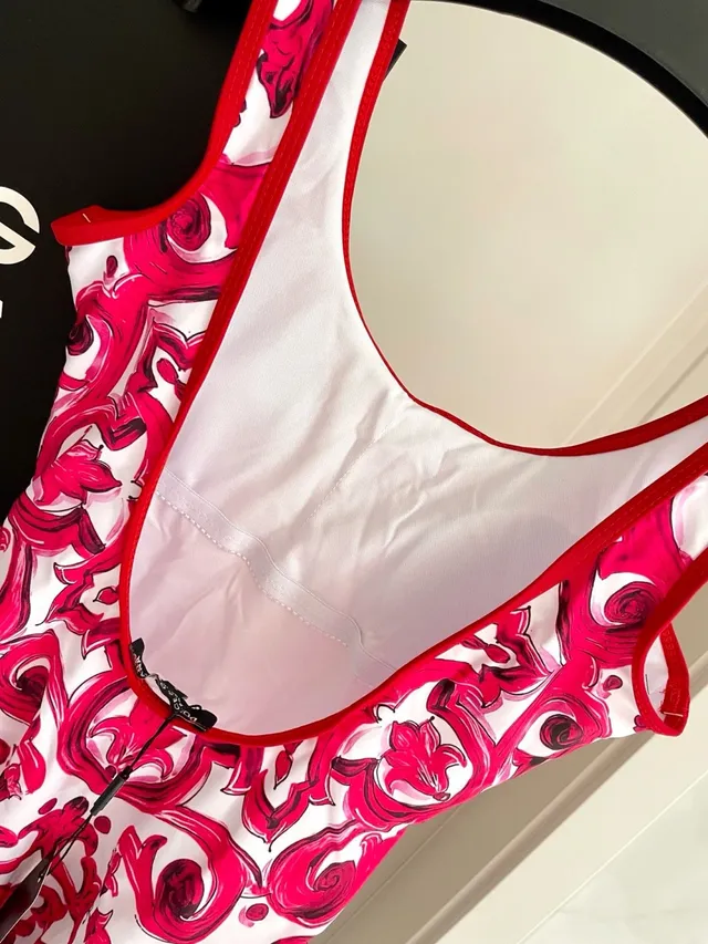 White Red Ornamental Print High-Cut Leg Swimwear 5