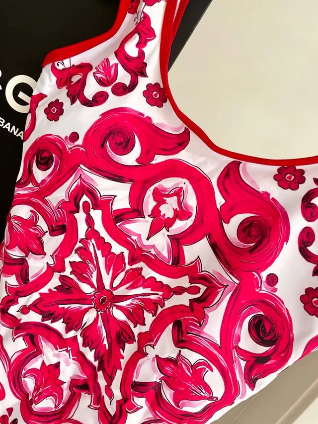 White Red Ornamental Print High-Cut Leg Swimwear 7
