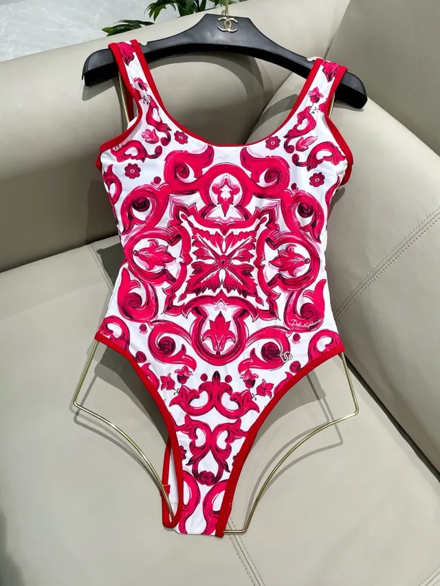 White Red Ornamental Print High-Cut Leg Swimwear 11