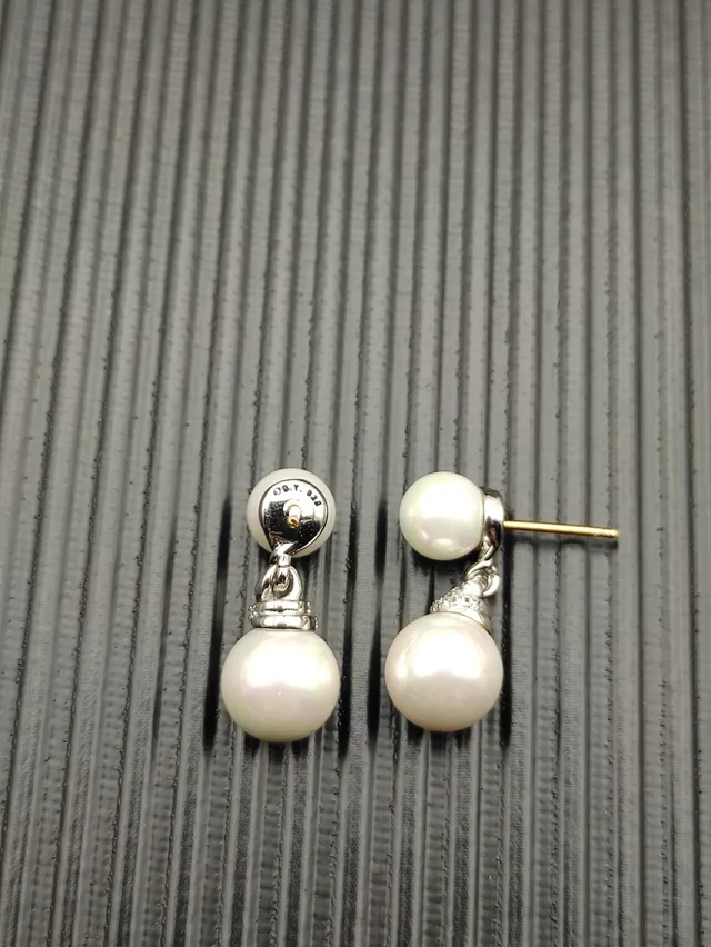 White Silver Double-Pearl Drop Setting Earrings 4