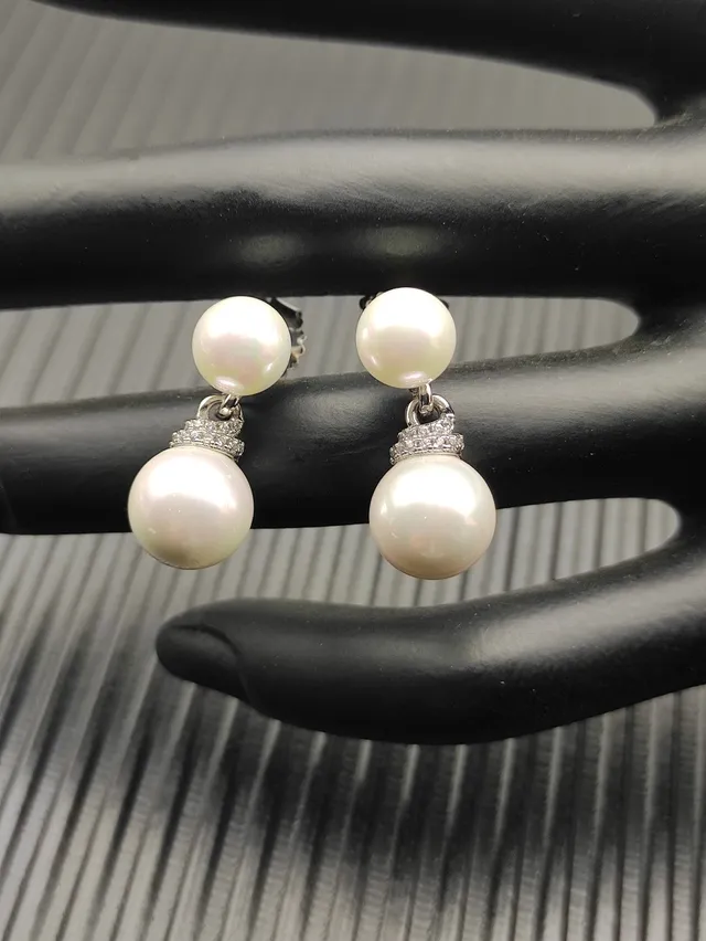 White Silver Double-Pearl Drop Setting Earrings 5