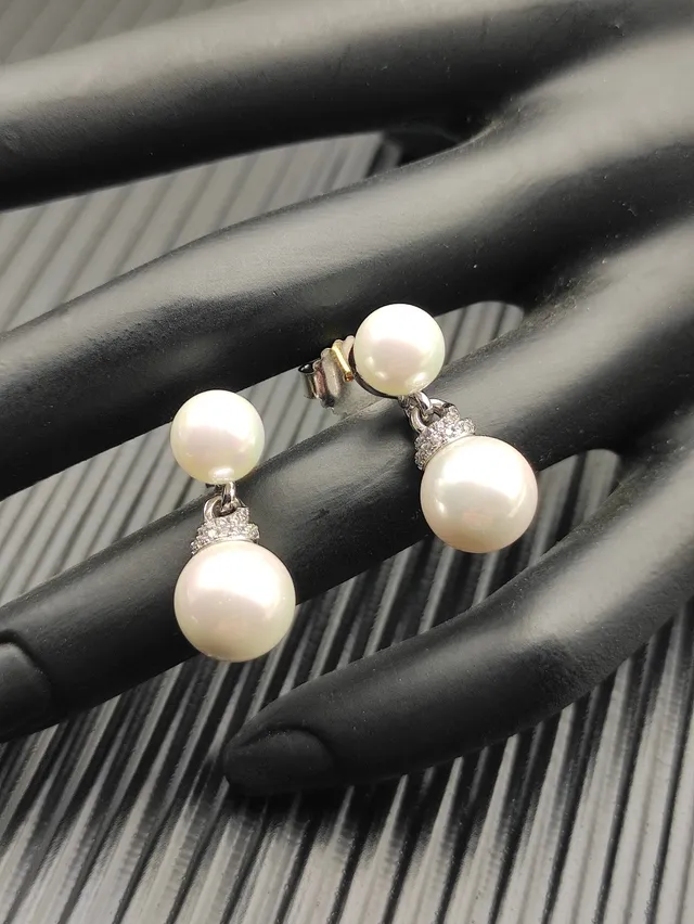 White Silver Double-Pearl Drop Setting Earrings 6