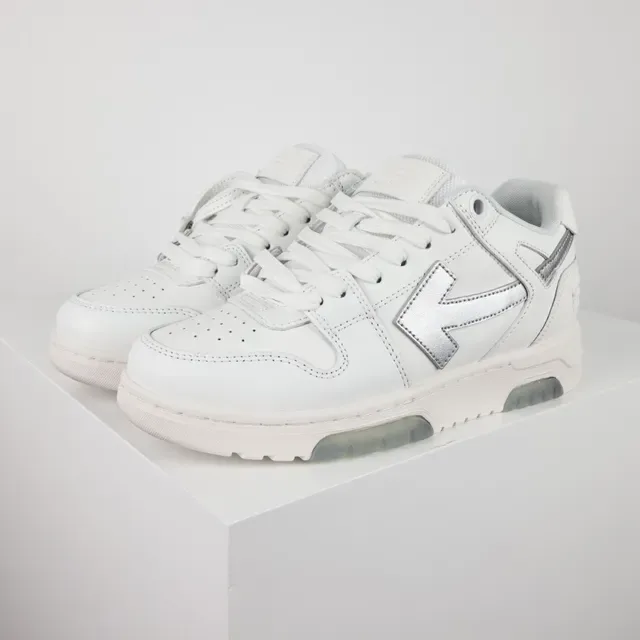 White Silver Leather Upper Metallic Arrow Logo Sneakers 2