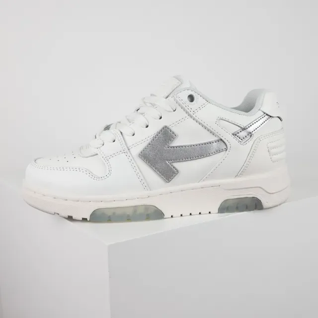 White Silver Leather Upper Metallic Arrow Logo Sneakers 9