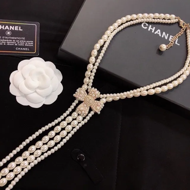 White Silver Multi-Strand Pearl Crystal-Embellished Bow Clasp Necklace 5