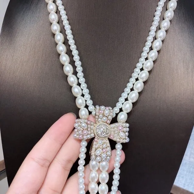 White Silver Multi-Strand Pearl Crystal-Embellished Bow Clasp Necklace 7