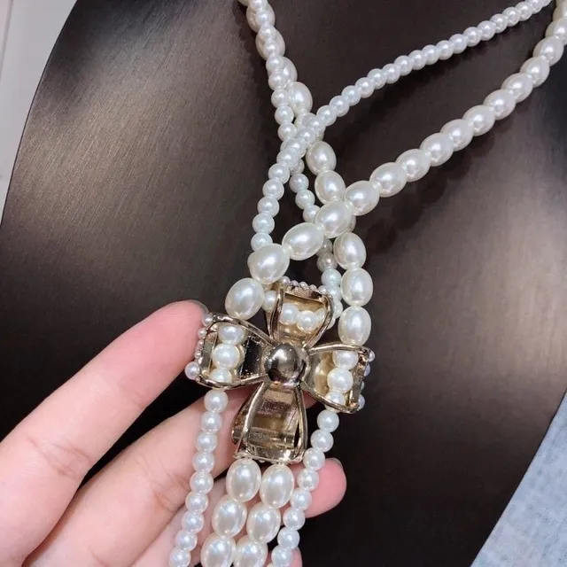 White Silver Multi-Strand Pearl Crystal-Embellished Bow Clasp Necklace 8