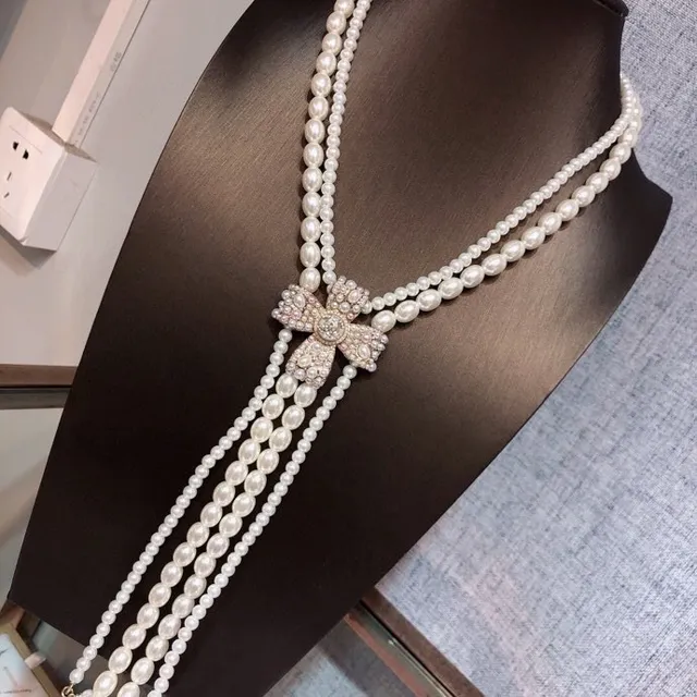 White Silver Multi-Strand Pearl Crystal-Embellished Bow Clasp Necklace 9