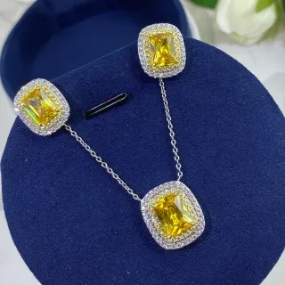 Yellow Silver Cushion-Cut Central Stone Halo Setting Earrings